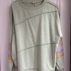 New Easel Terry Knit Color Block Sweatshirt Pullover Oversized Cotton Sage Small